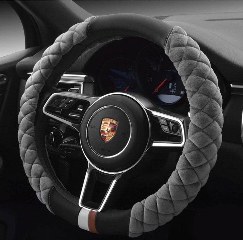 HAOKAY Luxury Fluffy Winter Steering Wheel Cover for Men Women,Soft Warm Short Plush Steering Wheel Cover Gray Fuzzy with Universal 14.5-15 Inch - Image 1